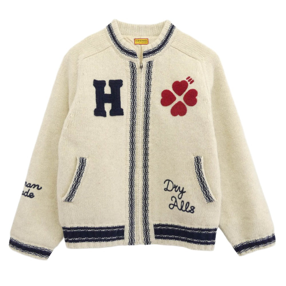 HUMAN MADE ヒューマンメイド 25AW HM30CS020 ZIP-UP KNIT JACKET ロゴハート刺繍 ジップアップ ニット ジャケット 裏地キルティング オフホワイト系 L【中古】