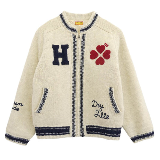 HUMAN MADE ヒューマンメイド 25AW HM30CS020 ZIP-UP KNIT JACKET ロゴハート刺繍 ジップアップ ニット ジャケット 裏地キルティング オフホワイト系 L【中古】