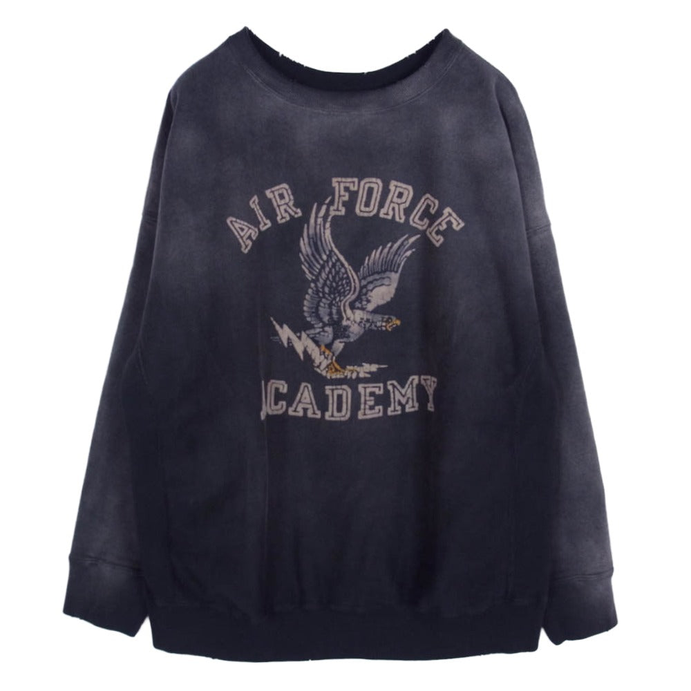 BOWWOW バウワウ 25AW BW252-UAES U.S. AIR FORCE EAGLE SWEATSHIRT AGED ヴィンテージ ユーズド ダメージ加工 フロッキープリント クルーネック スウェット エイジド ブラック ブラック系 L【美品】【中古】
