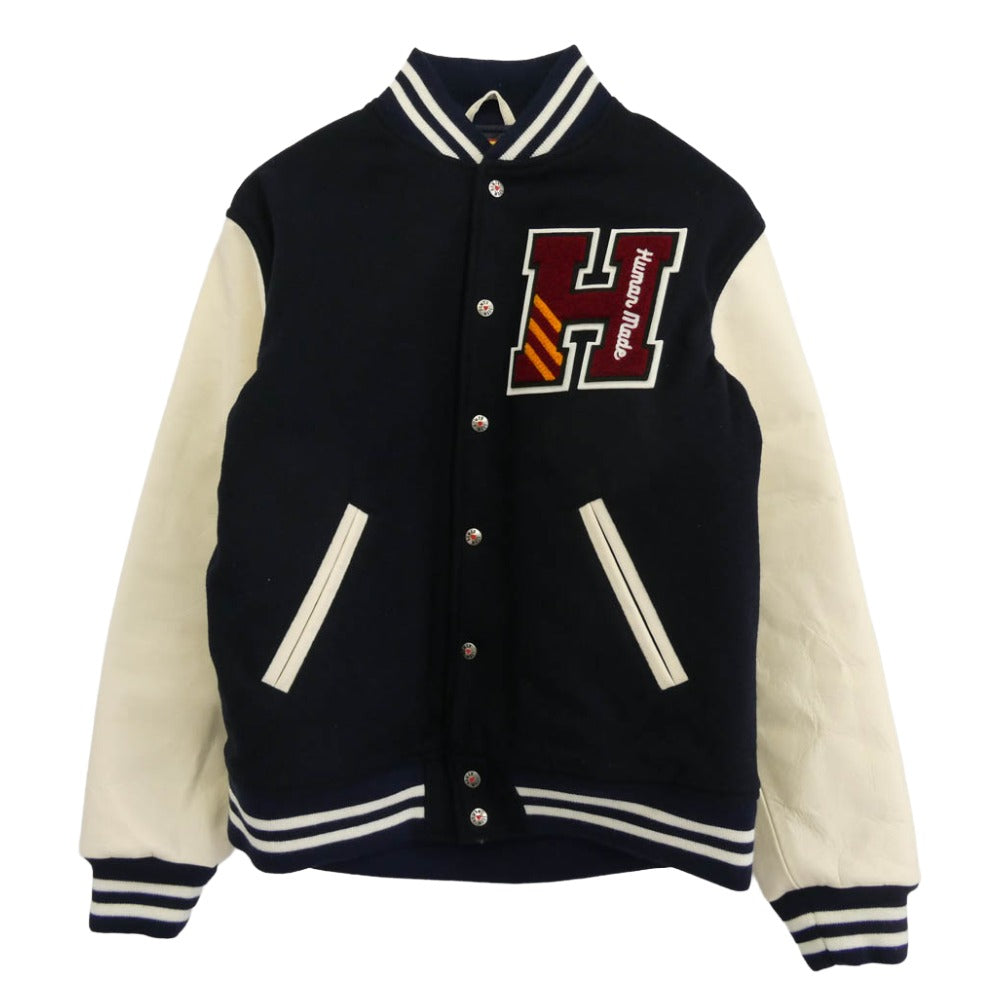 HUMAN MADE ヒューマンメイド 26SS HM30JK043 VARSITY JACKET バーシティ ジャケット ロゴ タイガー サガラ ワッペン ウールメルトン レザー スタジャン ロゴプリント ハンガ－付 ネイビー系 オフホワイト系 L【美品】【中古】