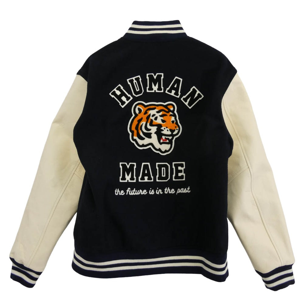 HUMAN MADE ヒューマンメイド 26SS HM30JK043 VARSITY JACKET バーシティ ジャケット ロゴ タイガー サガラ ワッペン ウールメルトン レザー スタジャン ロゴプリント ハンガ－付 ネイビー系 オフホワイト系 L【美品】【中古】