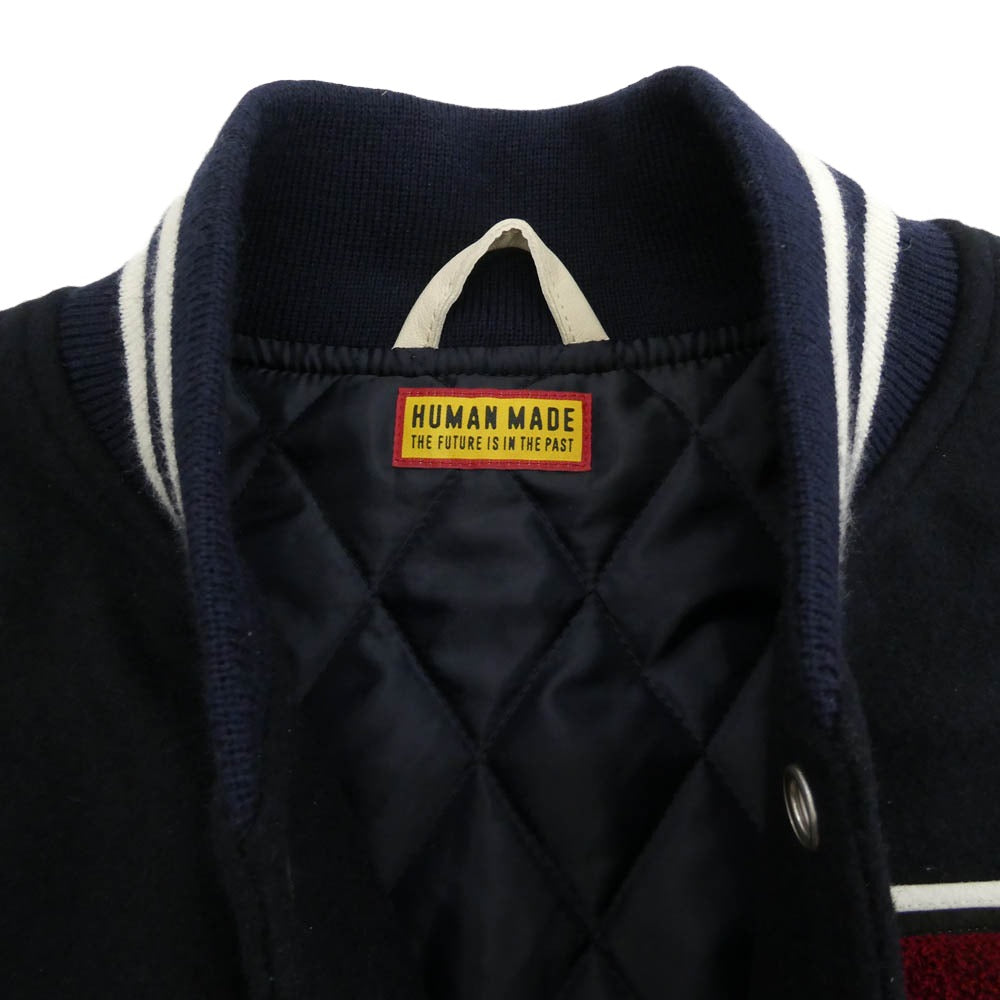 HUMAN MADE ヒューマンメイド 26SS HM30JK043 VARSITY JACKET バーシティ ジャケット ロゴ タイガー サガラ ワッペン ウールメルトン レザー スタジャン ロゴプリント ハンガ－付 ネイビー系 オフホワイト系 L【美品】【中古】