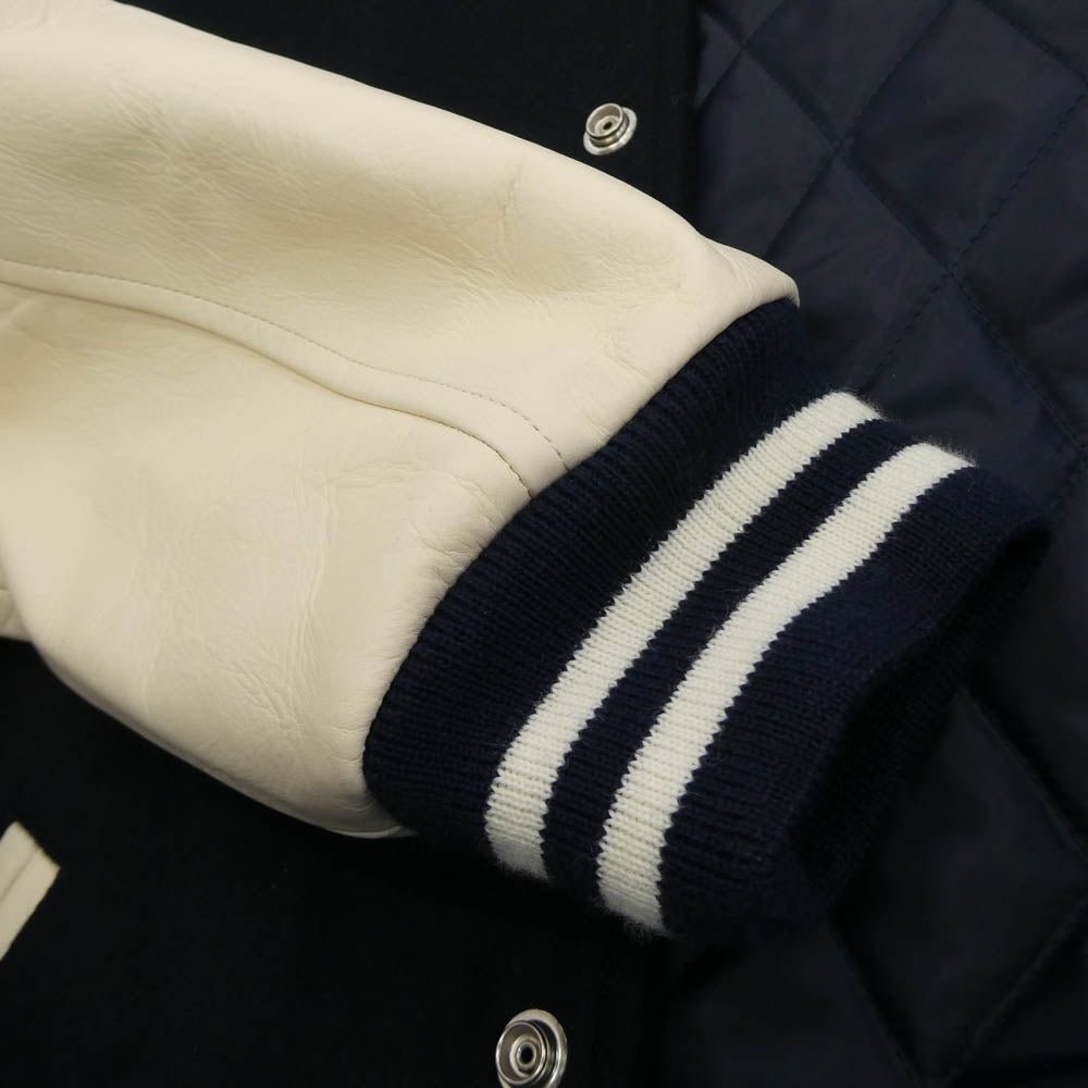 HUMAN MADE ヒューマンメイド 26SS HM30JK043 VARSITY JACKET バーシティ ジャケット ロゴ タイガー サガラ ワッペン ウールメルトン レザー スタジャン ロゴプリント ハンガ－付 ネイビー系 オフホワイト系 L【美品】【中古】