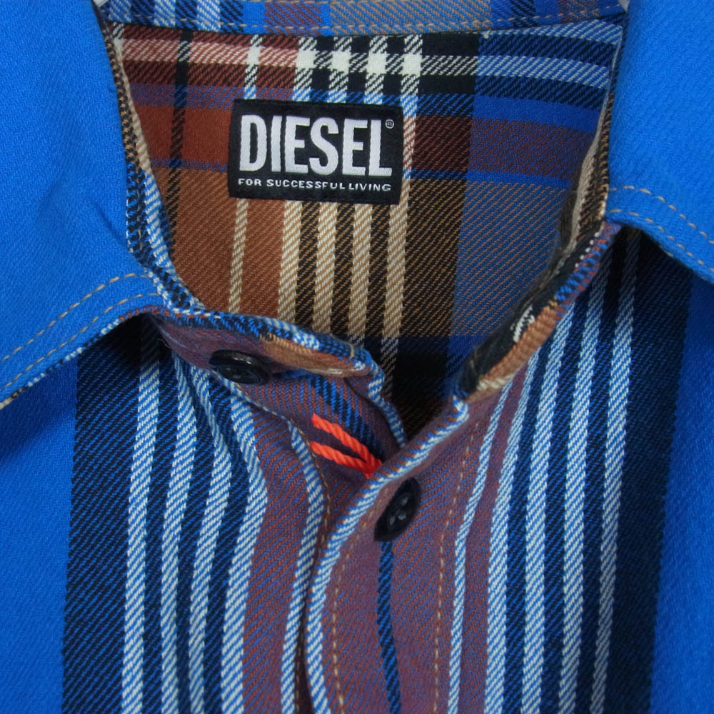 DIESEL ディーゼル A04020 ロゴパッチ チェック ネルシャツ 長袖 シャツ ブルー系 S【極上美品】【中古】