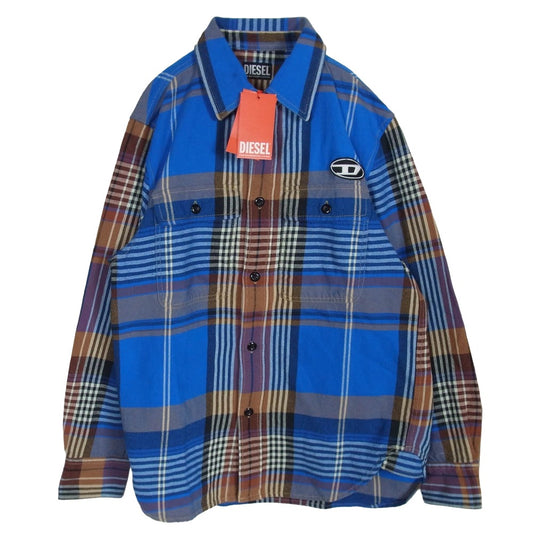 DIESEL ディーゼル A04020 ロゴパッチ チェック ネルシャツ 長袖 シャツ ブルー系 S【極上美品】【中古】