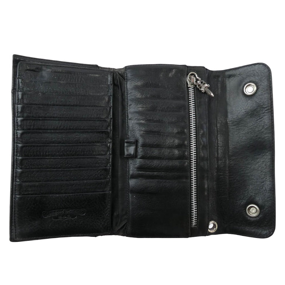 CHROME HEARTS クロムハーツ（原本無） WAVE WALLET ウェーブ ウォレット クロスボールボタン ダガージップ レザー 長財布 ブラック系【中古】