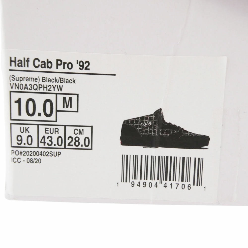 Supreme シュプリーム 20AW Vans Half Cab Pro `92 Croc バンズ ハーフキャブ プロ 92 クロック スニーカー ブラック系 28cm【新古品】【未使用】【中古】