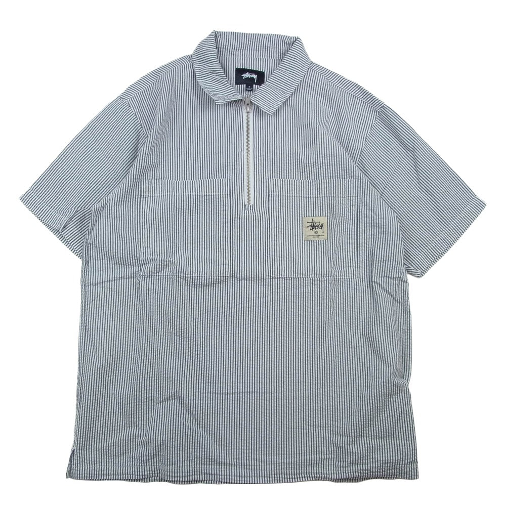 STUSSY ステューシー 18SS Half Zip Seersucker ハーフ ジップ シアサッカー 半袖 シャツ ブラック系 ホワイト系 S【中古】