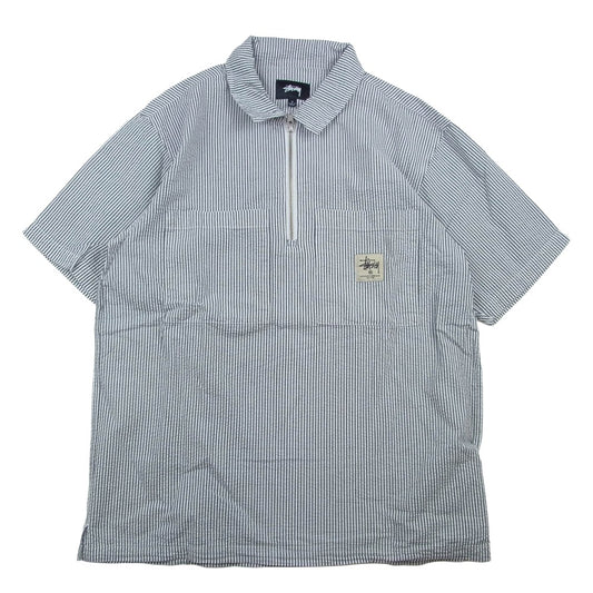 STUSSY ステューシー 18SS Half Zip Seersucker ハーフ ジップ シアサッカー 半袖 シャツ ブラック系 ホワイト系 S【中古】
