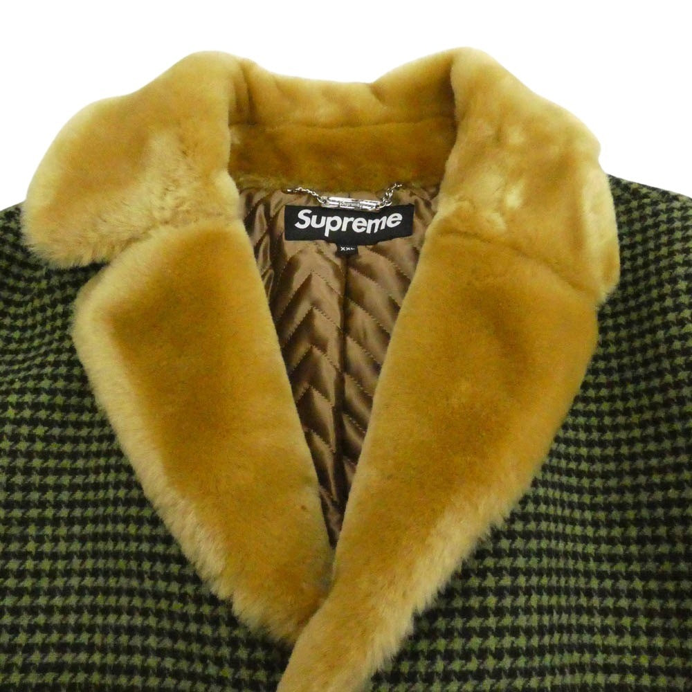 Supreme シュプリーム 22AW Fur Collar Car Coat ファーカラー カーコート 千鳥格子柄 裏地キルティング グリーン系 XXL【中古】