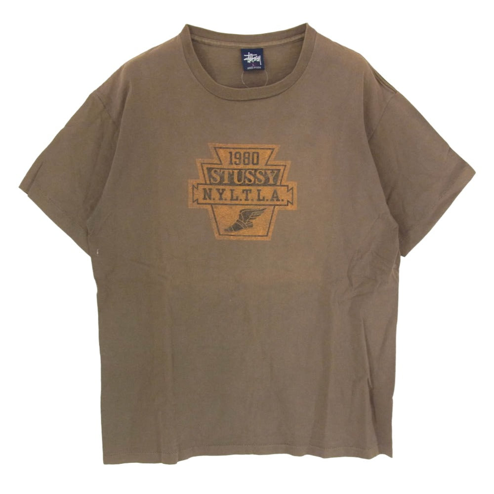 STUSSY ステューシー 90s OLD オールド USA製 紺タグ N.Y.L.T.L.A クルーネック 半袖 Tシャツ ブラウン系 L【中古】