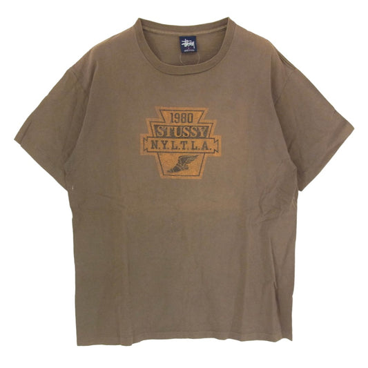 STUSSY ステューシー 90s OLD オールド USA製 紺タグ N.Y.L.T.L.A クルーネック 半袖 Tシャツ ブラウン系 L【中古】