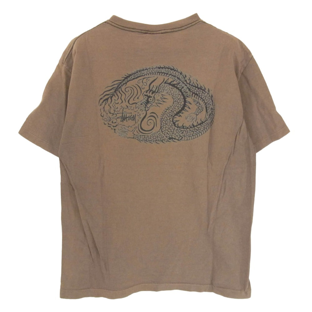 STUSSY ステューシー 90s OLD オールド USA製 紺タグ バックドラゴンプリント クルーネック 半袖 Tシャツ カーキ系 L【中古】
