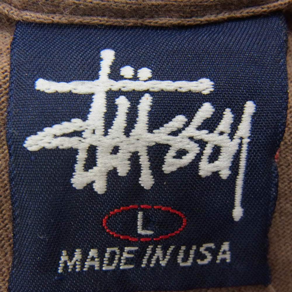 STUSSY ステューシー 90s OLD オールド USA製 紺タグ バックドラゴンプリント クルーネック 半袖 Tシャツ カーキ系 L【中古】