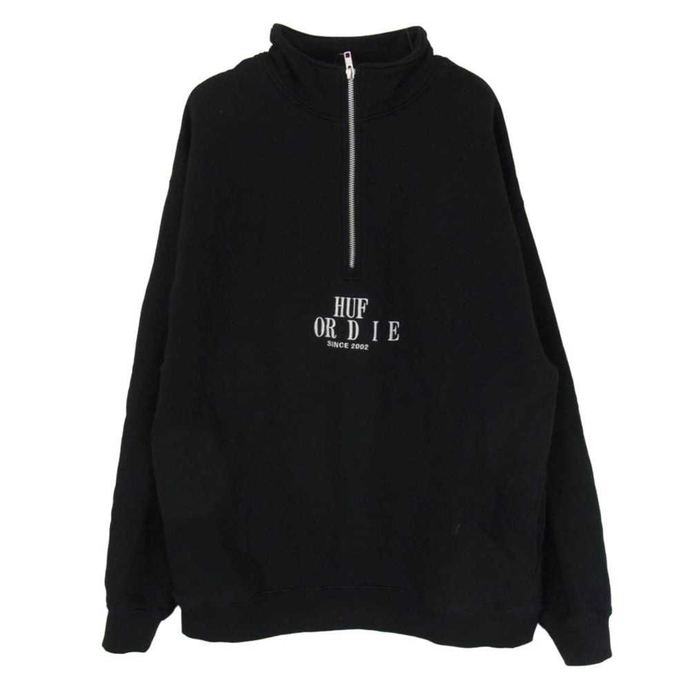 HUF ハフ ハーフジップ 刺繍 ロゴ プルオーバー スウェット ブラック系 L【中古】