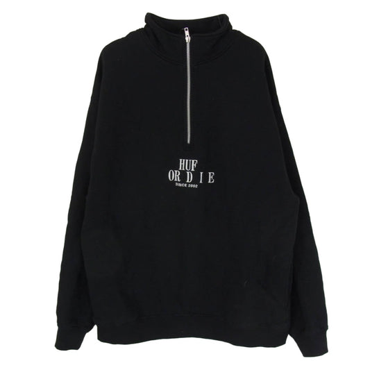 HUF ハフ ハーフジップ 刺繍 ロゴ プルオーバー スウェット ブラック系 L【中古】
