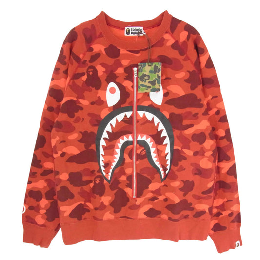 A BATHING APE アベイシングエイプ Color Camo Shark Crew Sweatshirt ZIP カラーカモ シャークプリント カモフラ クルーネック スウェット フロント リアル ジップ ポケット レッド系 XL【美品】【中古】