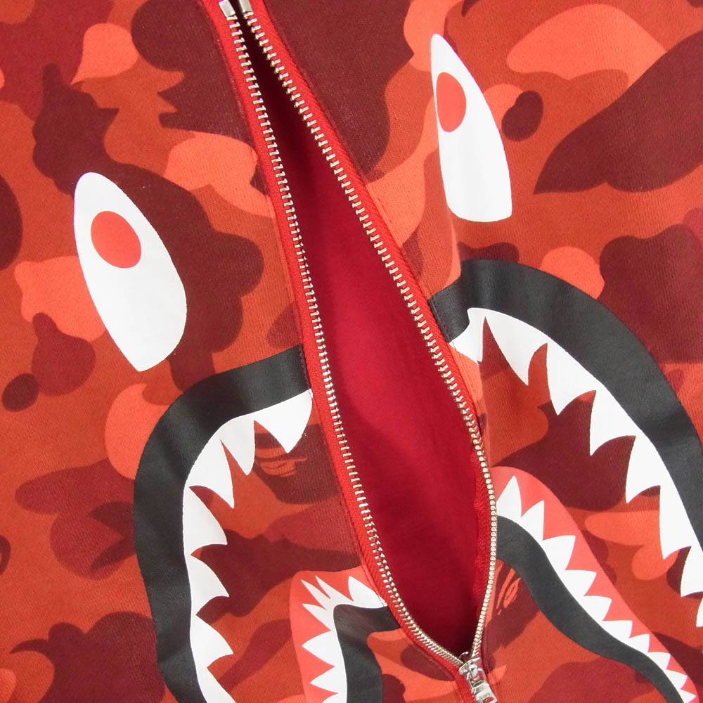 A BATHING APE アベイシングエイプ Color Camo Shark Crew Sweatshirt ZIP カラーカモ シャークプリント カモフラ クルーネック スウェット フロント リアル ジップ ポケット レッド系 XL【美品】【中古】