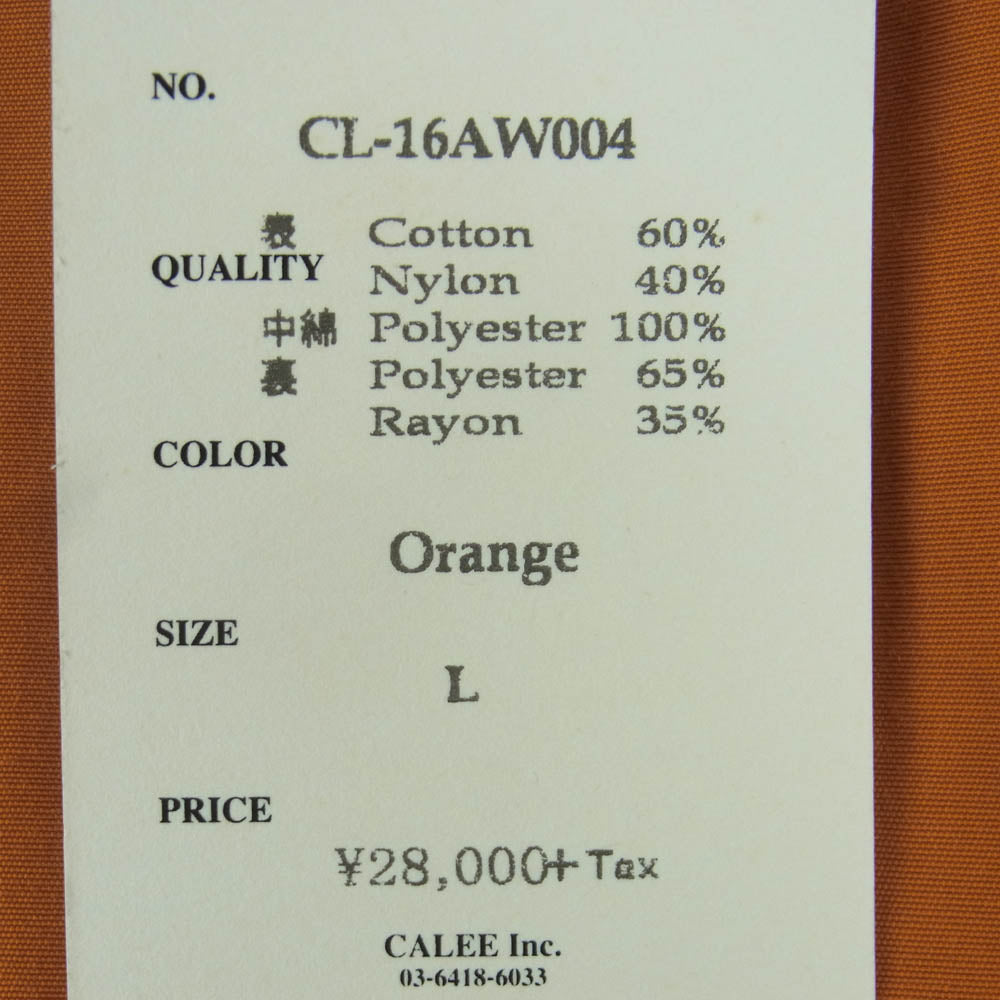 CALEE キャリー CL-16AW004 60/40 CLOTH COACH JACKET クロッチ コーチ 中綿 ジャケット オレンジ系 Orange L【美品】【中古】