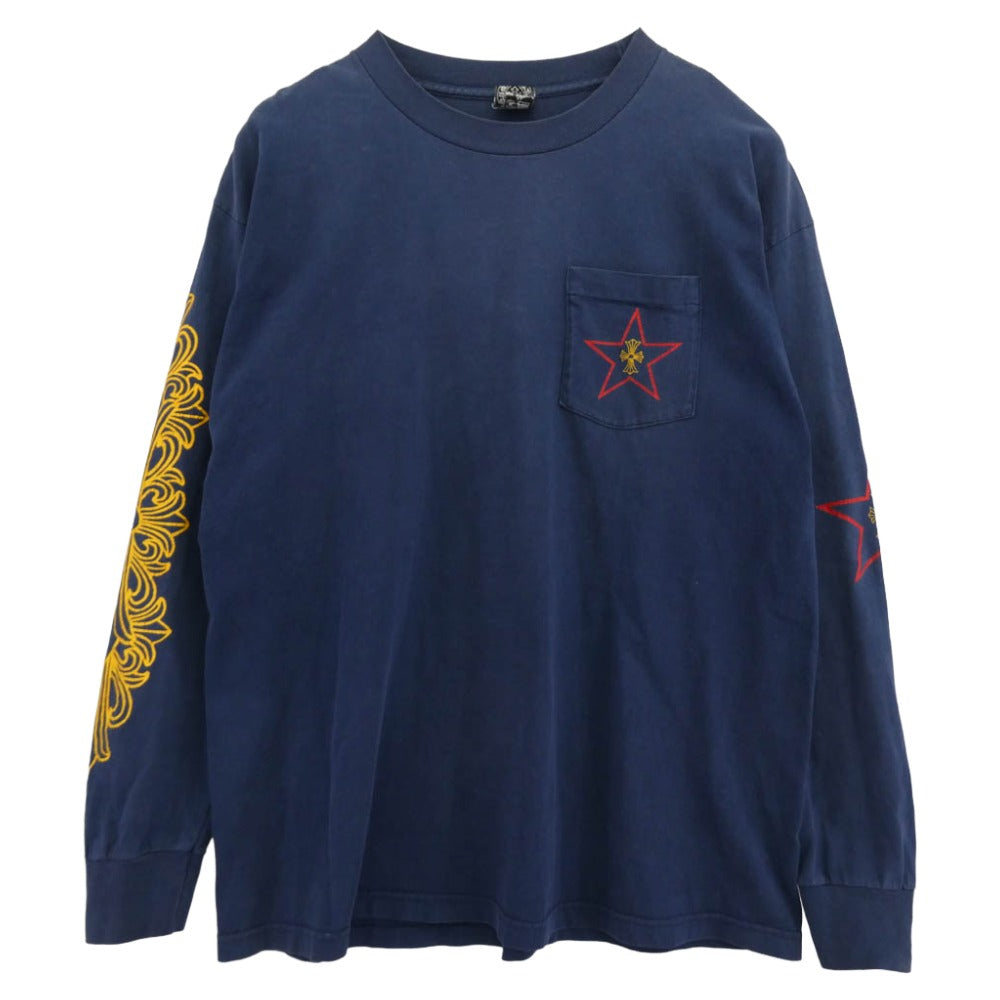 CHROME HEARTS クロムハーツ（原本無） OLD Intellectual Gallery FUCK YOU オールド インテレクチュアルギャラリー スター 袖フローラルクロス ロングスリーブ 長袖 Tシャツ カットソー ネイビー系 XL【中古】