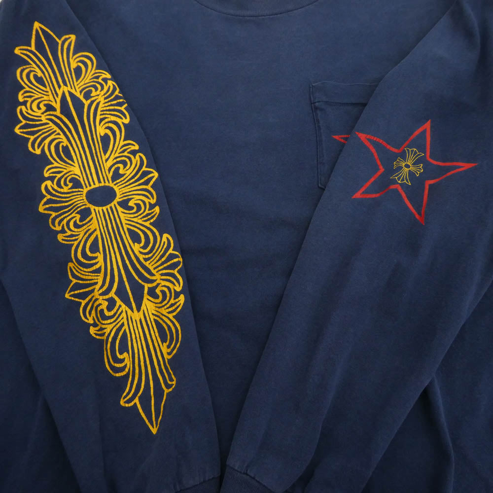 CHROME HEARTS クロムハーツ（原本無） OLD Intellectual Gallery FUCK YOU オールド インテレクチュアルギャラリー スター 袖フローラルクロス ロングスリーブ 長袖 Tシャツ カットソー ネイビー系 XL【中古】