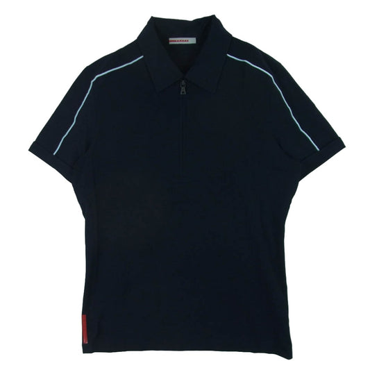 PRADA SPORTS プラダスポーツ 00s パイピング ハーフジップ 半袖 ポロシャツ ポルトガル製 ダークネイビー系 L【中古】
