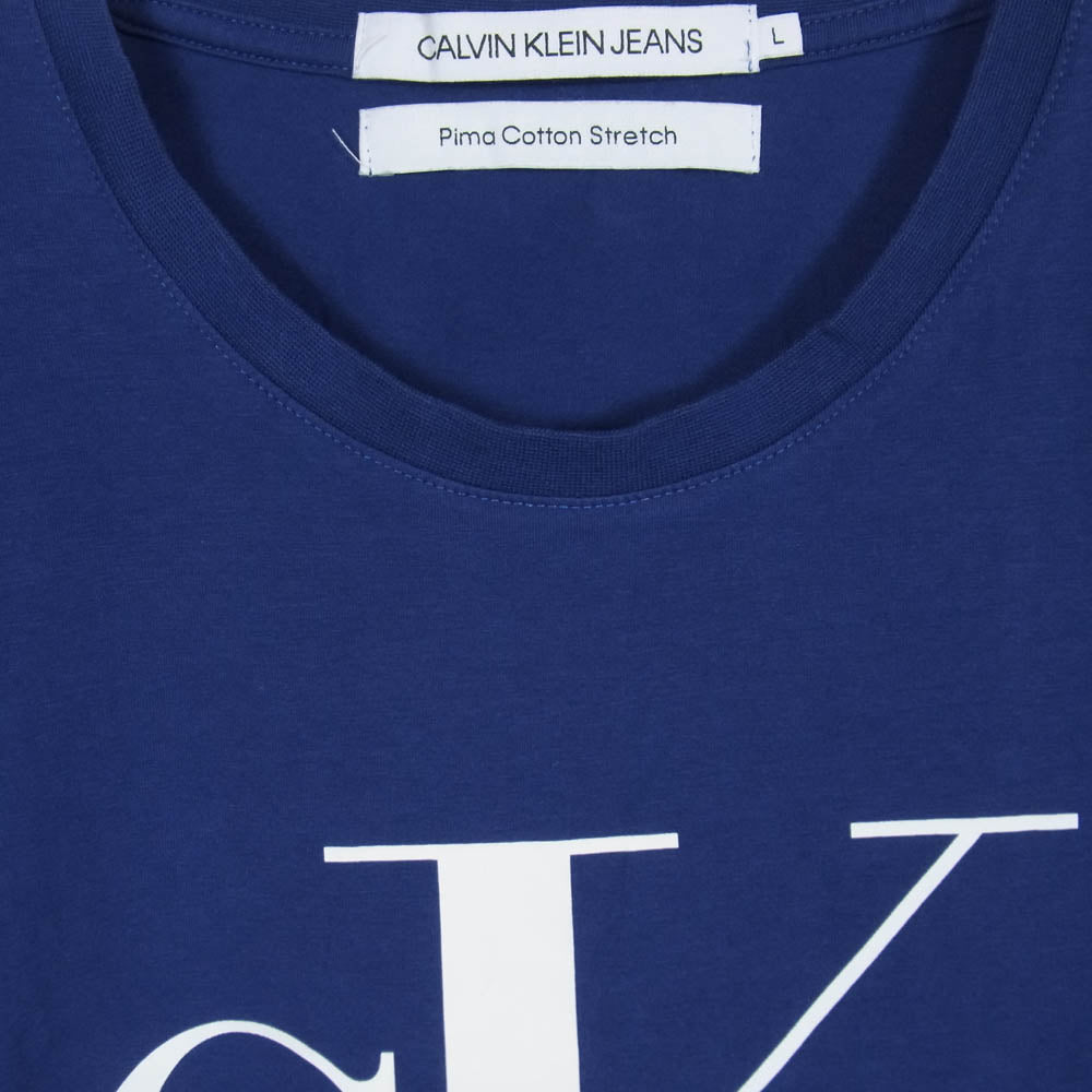 CALVIN KLEIN カルバンクライン J314056 CKロゴ プリント ピマコットンストレッチ 半袖 Tシャツ ブルー系 L【中古】