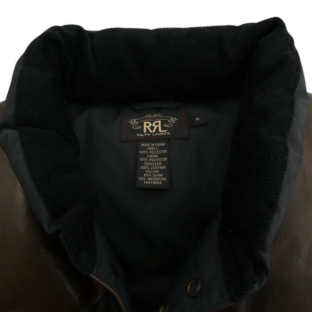 RRL ダブルアールエル DOWN VEST レザーヨーク ダウン ベスト ブラック系 ブラウン系 M【美品】【中古】