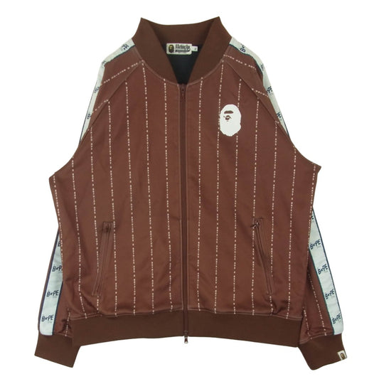 A BATHING APE アベイシングエイプ TEXT STRIPE JERSEY TOP ストライプ ジップアップ ジャケット ブラウン系 XL【中古】