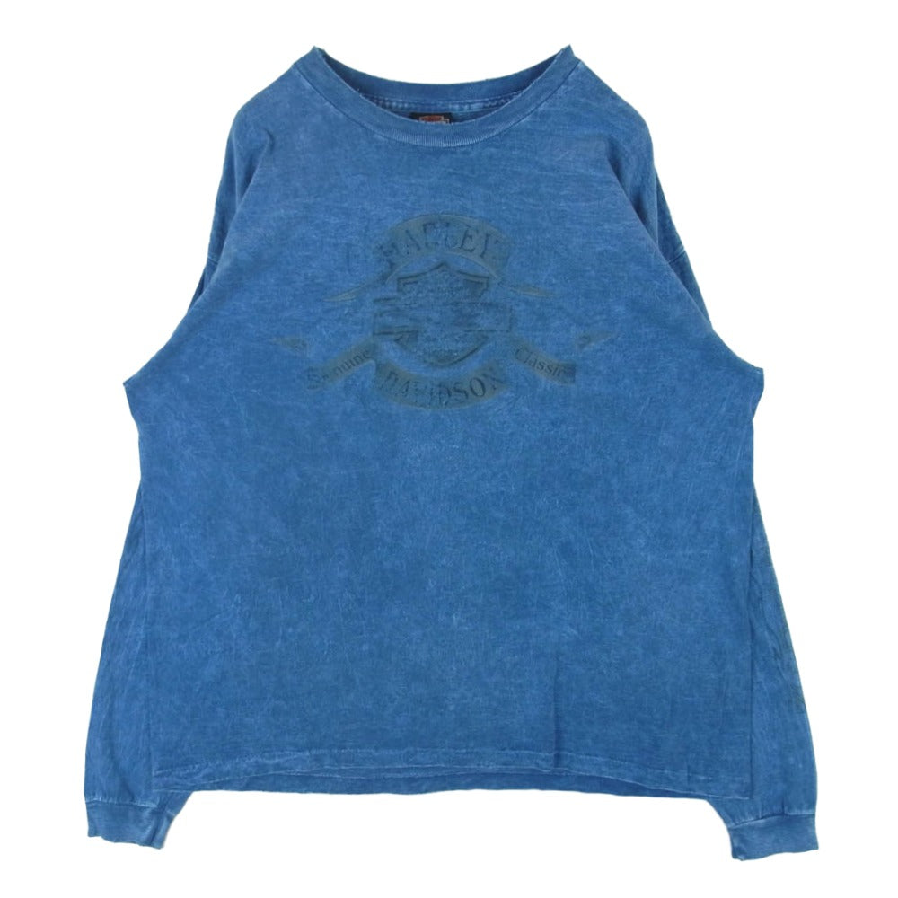 HARLEY DAVIDSON ハーレーダビッドソン 90s USA製 両面 袖ロゴフレイムプリント シングルステッチ 長袖 Tシャツ インディゴブルー系 XL【中古】