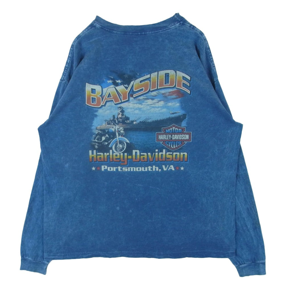 HARLEY DAVIDSON ハーレーダビッドソン 90s USA製 両面 袖ロゴフレイムプリント シングルステッチ 長袖 Tシャツ インディゴブルー系 XL【中古】