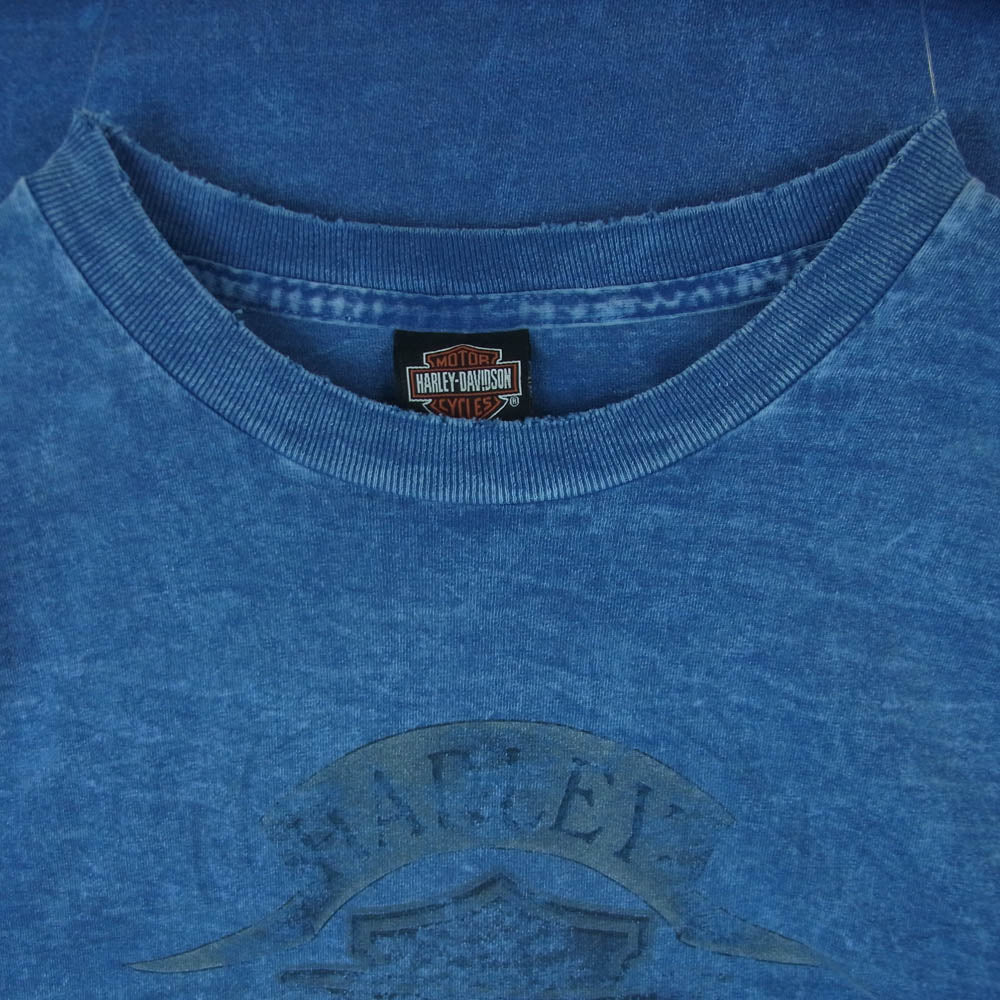 HARLEY DAVIDSON ハーレーダビッドソン 90s USA製 両面 袖ロゴフレイムプリント シングルステッチ 長袖 Tシャツ インディゴブルー系 XL【中古】