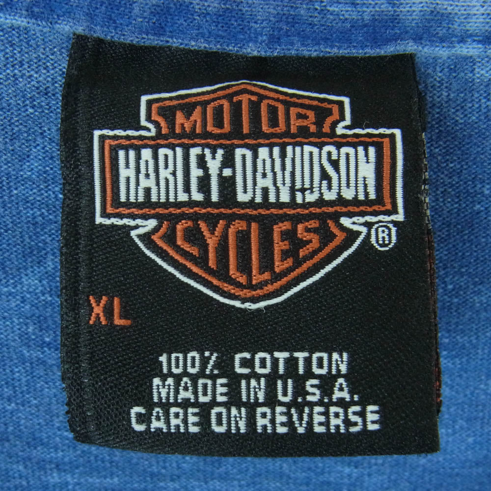 HARLEY DAVIDSON ハーレーダビッドソン 90s USA製 両面 袖ロゴフレイムプリント シングルステッチ 長袖 Tシャツ インディゴブルー系 XL【中古】