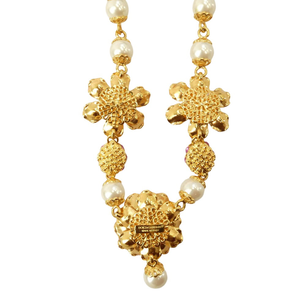 DOLCE&GABBANA ドルチェアンドガッバーナ フラワー モチーフ ビジュー ラインストーン ネックレス ゴールド系【中古】