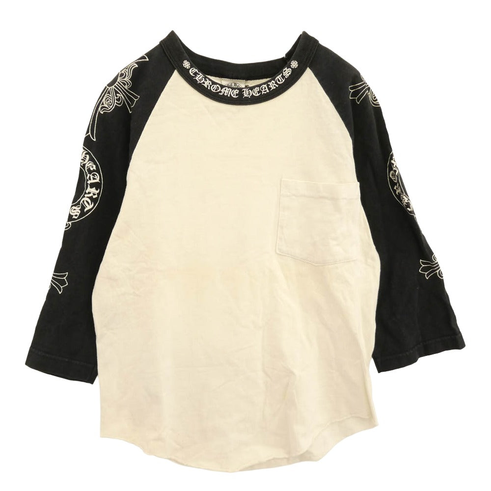 CHROME HEARTS クロムハーツ（原本無） オールド ネックロゴ 袖マルチプリント 七分丈 ラグラン 長袖 Tシャツ ホワイト系 ブラック系 S【中古】