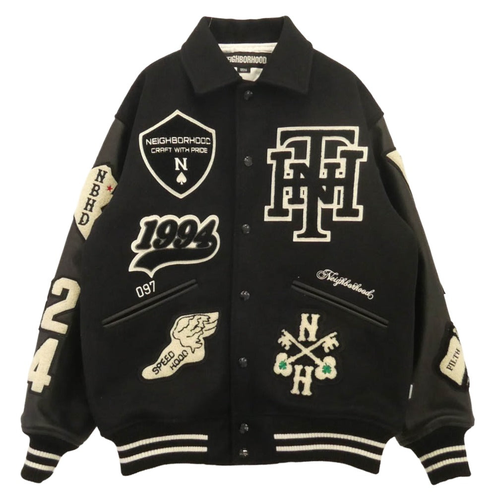 NEIGHBORHOOD ネイバーフッド 252SZNH-JKM01S Stadium Jacket ロゴ ワッペン 袖レザー切替 スタジアム ジャケット スタジャン ブラック系 S【美品】【中古】