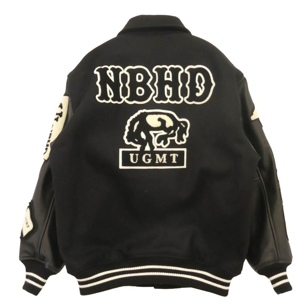 NEIGHBORHOOD ネイバーフッド 252SZNH-JKM01S Stadium Jacket ロゴ ワッペン 袖レザー切替 スタジアム ジャケット スタジャン ブラック系 S【美品】【中古】