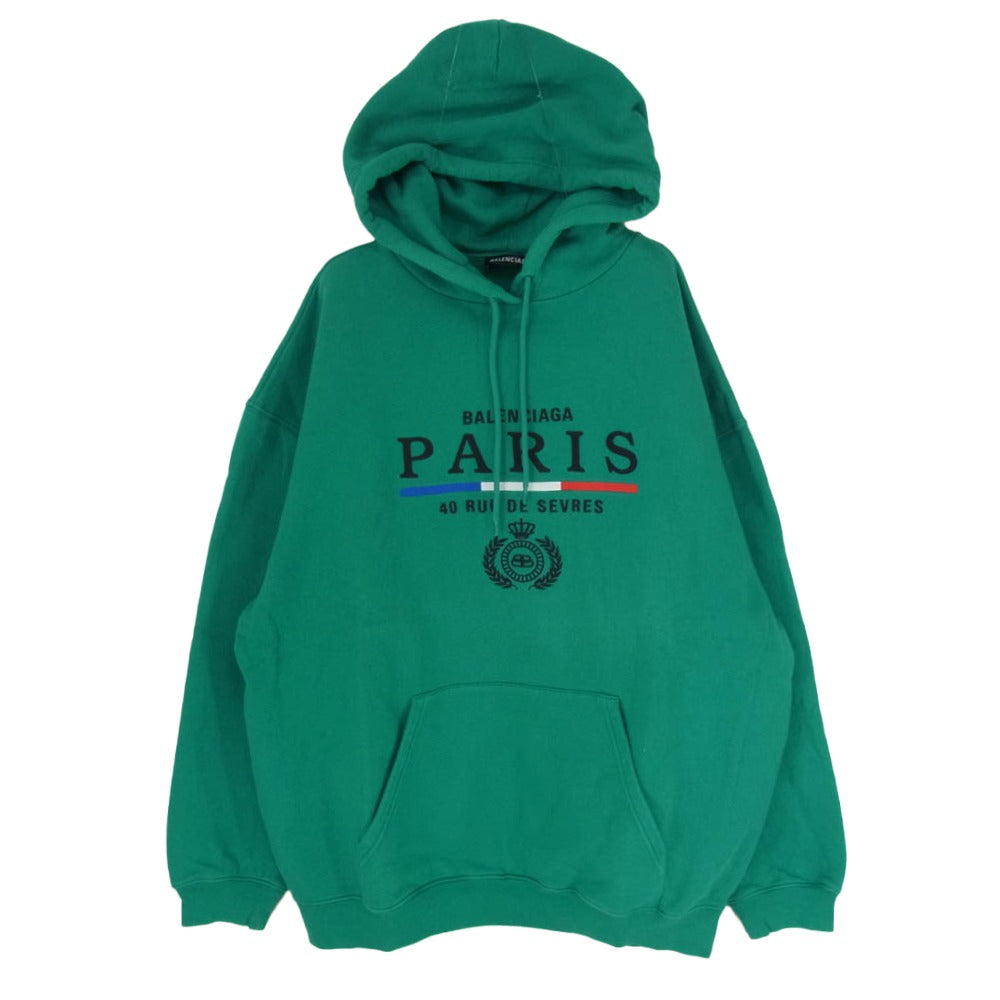 BALENCIAGA バレンシアガ 19AW 570811 TGV68 Paris Flag Pullover Hoodie ロゴプリント パリフラッグ プルオーバー パーカー フーディー グリーン系 L【中古】