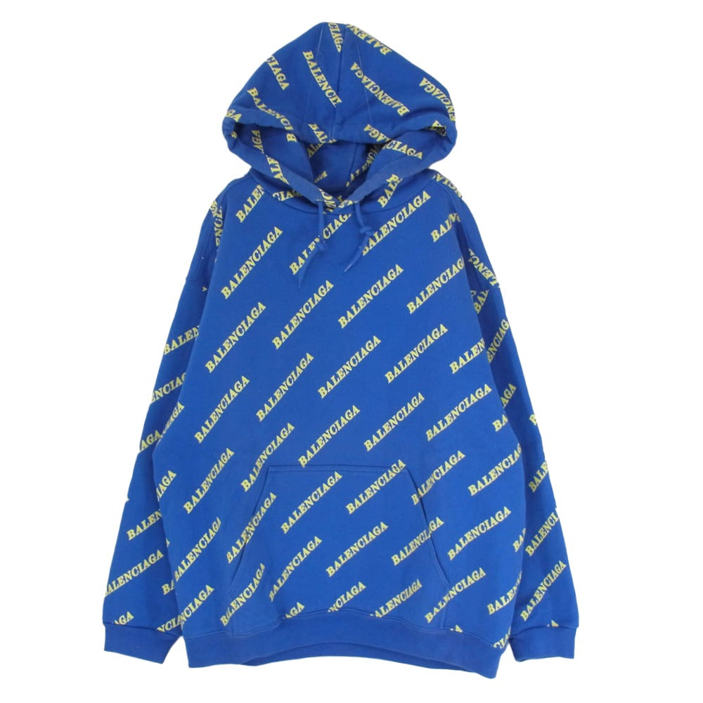 BALENCIAGA バレンシアガ 20SS 600583 TIV71 LOGO HOODIE 総柄 ロゴプリント プルオーバー パーカー フーディー ブルー系 L【中古】