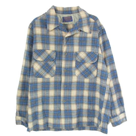 PENDLETON ペンドルトン USA製 70s ウール チェック オープンカラー 長袖 シャツ ブルー系 L【中古】
