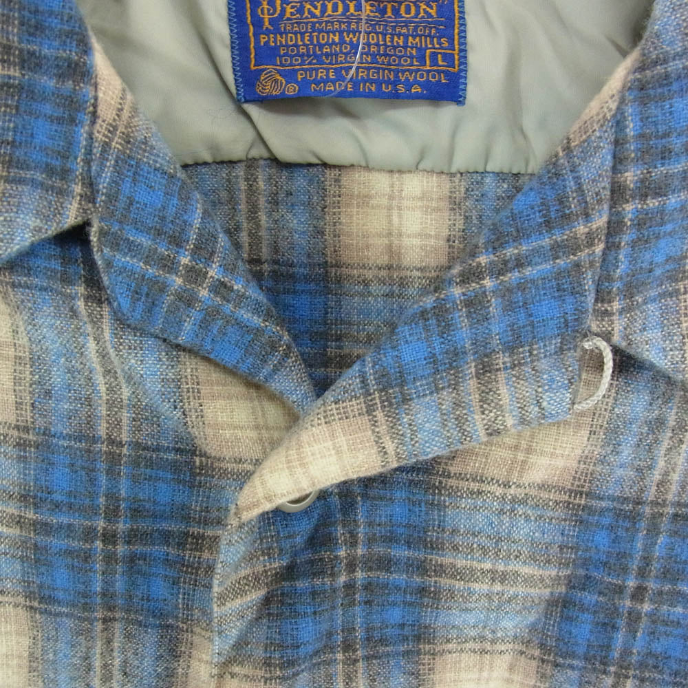 PENDLETON ペンドルトン USA製 70s ウール チェック オープンカラー 長袖 シャツ ブルー系 L【中古】
