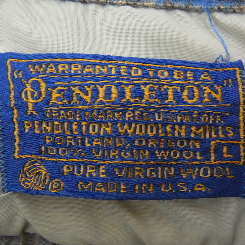 PENDLETON ペンドルトン USA製 70s ウール チェック オープンカラー 長袖 シャツ ブルー系 L【中古】