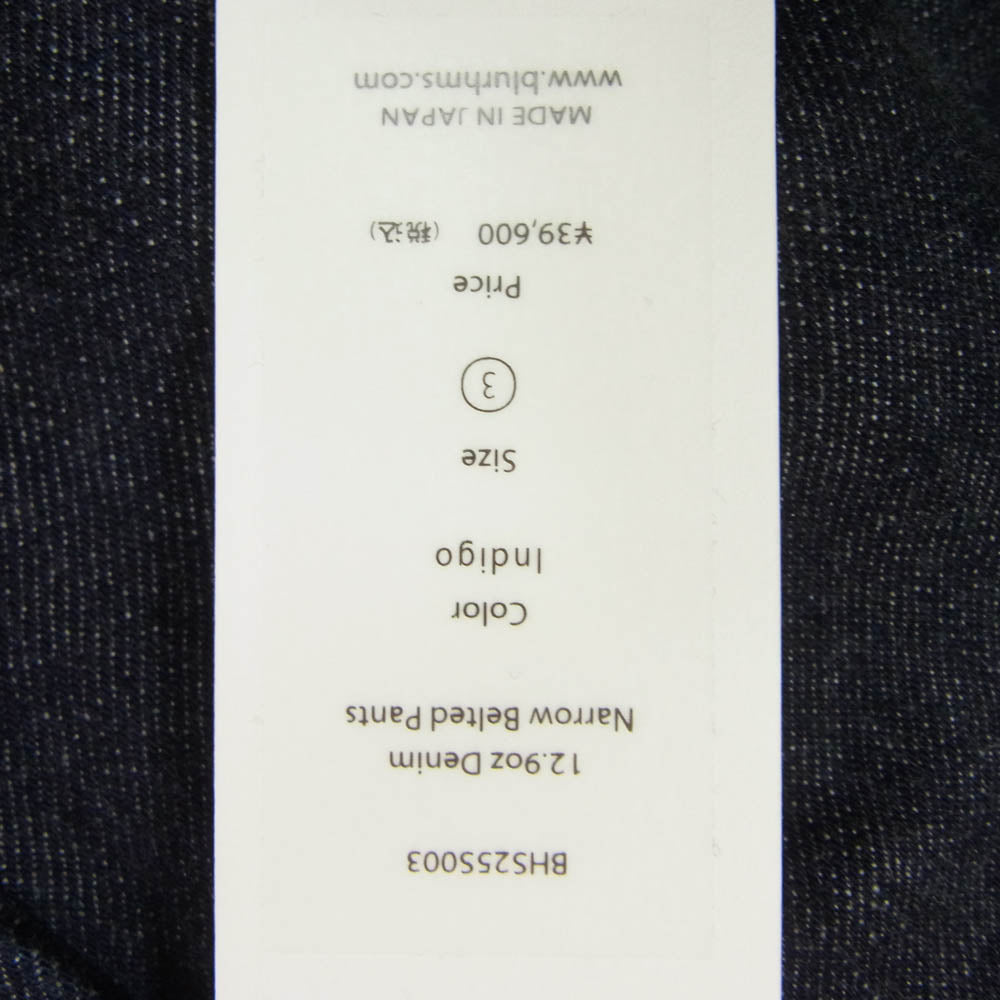 blurhms ブラームス 25SS BHS25S003 12.9oz Denim Narrow Belted Pants デニム ナロー ベルテッド パンツ インディゴ インディゴブルー系 3【中古】