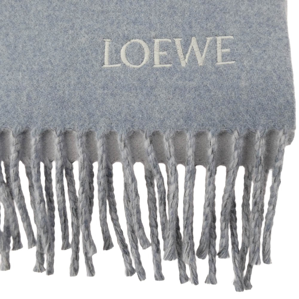 LOEWE ロエベ カシミヤ混 ウール アナグラム ロゴ フリンジ マフラー ライトブルー系 グレー系【中古】