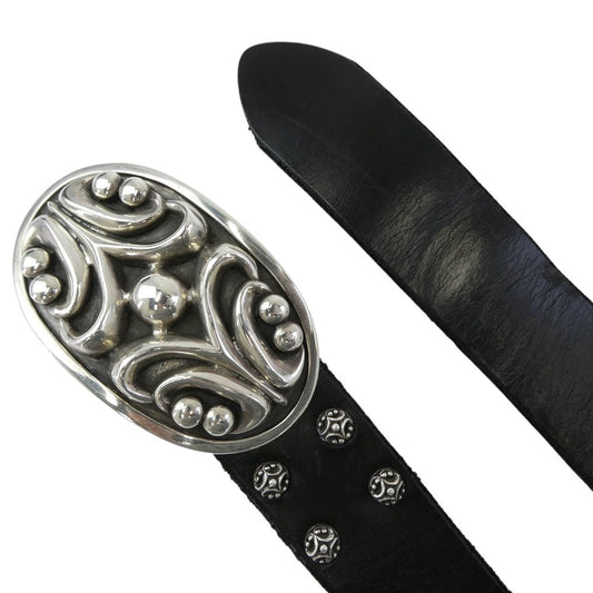 STANLEY GUESS スタンリーゲス ギャランティカード付属 フィリグリーバックル レザー ベルト 30インチ ブラック系 シルバー系 30【中古】