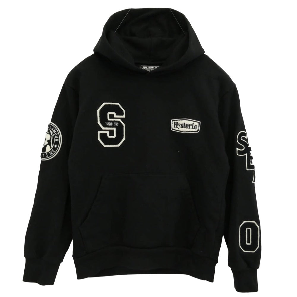 HYSTERIC GLAMOUR ヒステリックグラマー WDS-C-HYS-23-AP-Q1-15 VARSITY HOODIE バーシティ フーディー プルオーバー パーカー ブラック系 XS【中古】