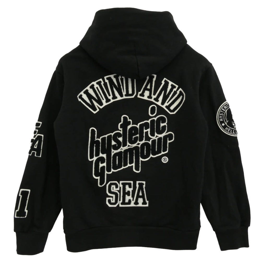 HYSTERIC GLAMOUR ヒステリックグラマー WDS-C-HYS-23-AP-Q1-15 VARSITY HOODIE バーシティ フーディー プルオーバー パーカー ブラック系 XS【中古】