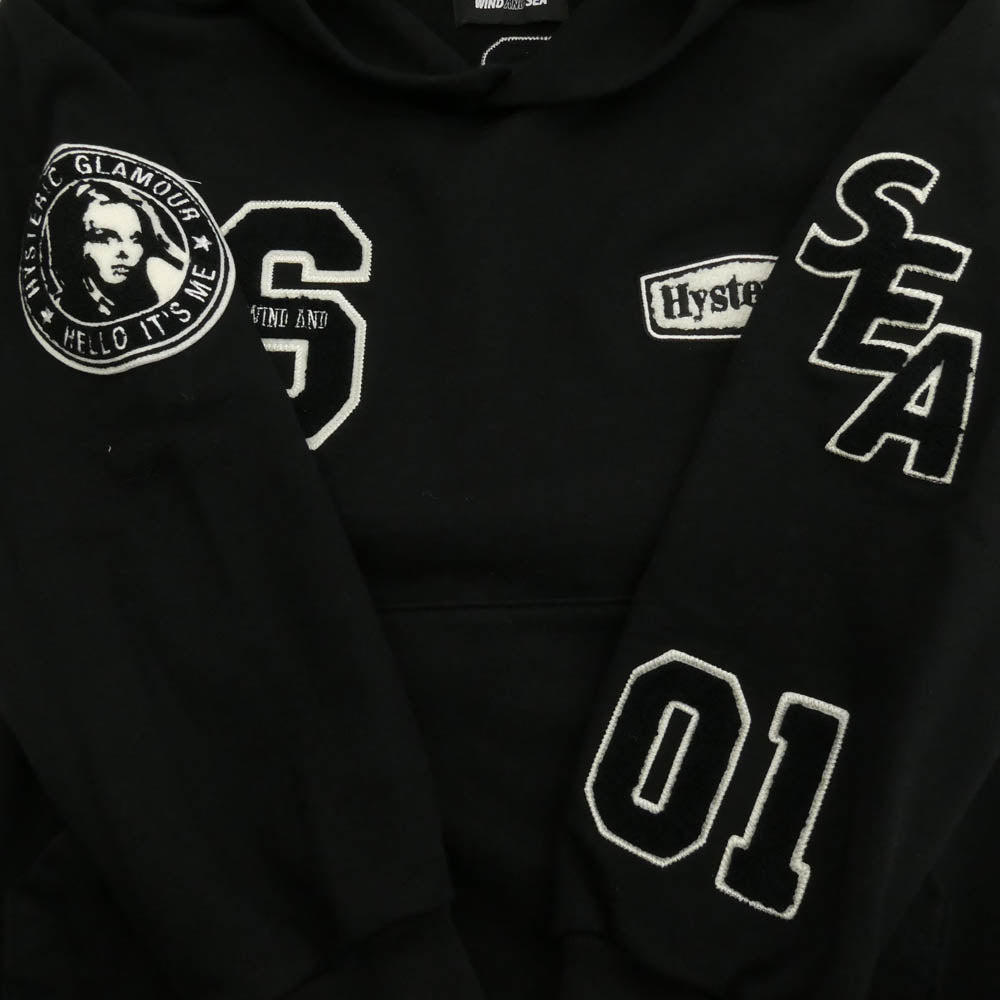 HYSTERIC GLAMOUR ヒステリックグラマー WDS-C-HYS-23-AP-Q1-15 VARSITY HOODIE バーシティ フーディー プルオーバー パーカー ブラック系 XS【中古】