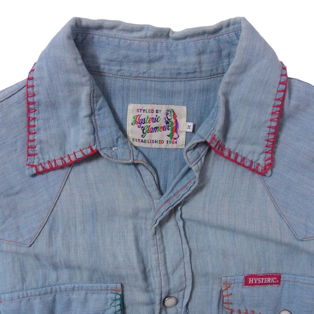 HYSTERIC GLAMOUR ヒステリックグラマー 0261AH04 ステッチ 刺繍 シャンブレー ウエスタン 長袖 シャツ ライトブルー系 M【中古】