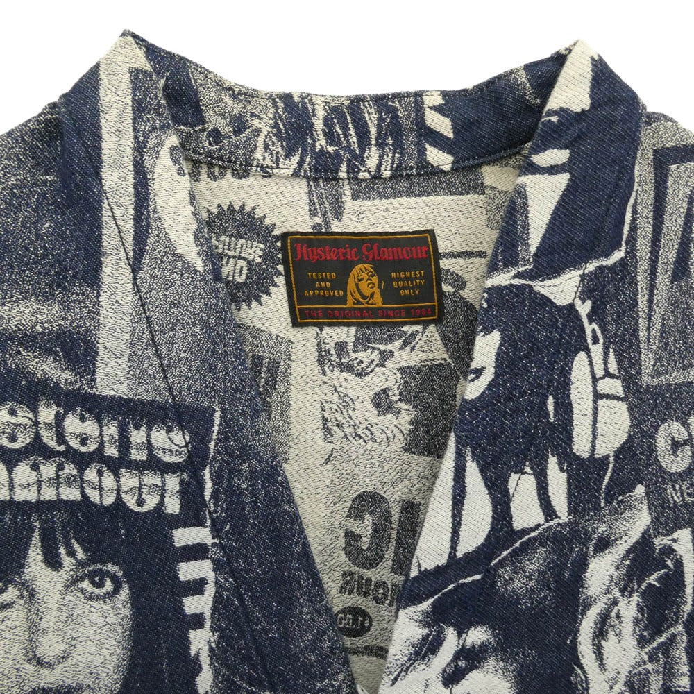 HYSTERIC GLAMOUR ヒステリックグラマー 01182AB05 ジャカード デニム ノーカラー ジャケット ネイビー系 ホワイト系 FREE【中古】